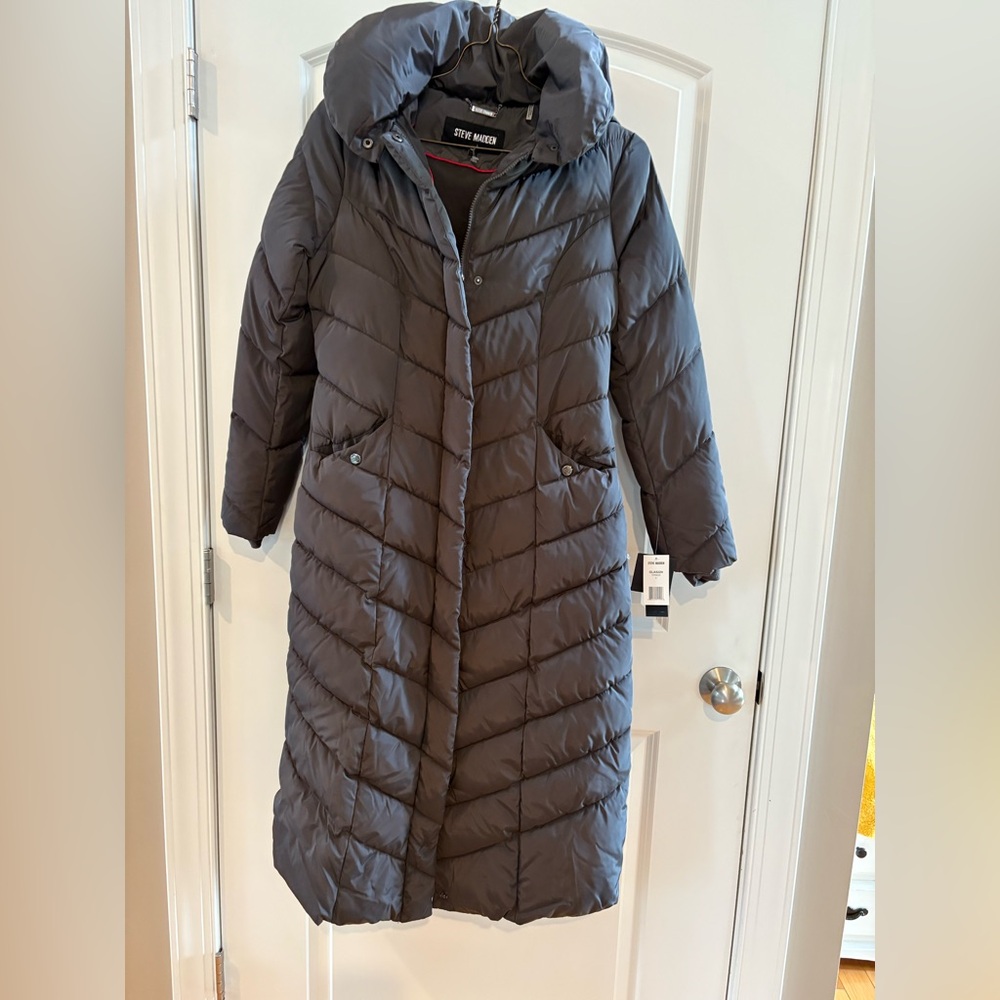 Steve Madden Long Hooded Quilted Puffer Coat in Charcoal Gray Titanium - Picture 2 of 8